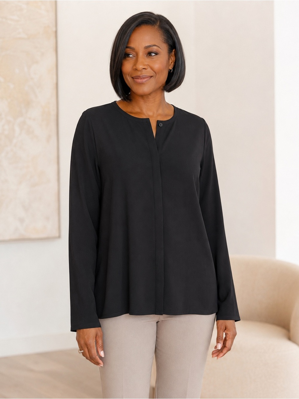 Eileen Fisher Black 100% Silk Long-Sleeve Button-Front Blouse